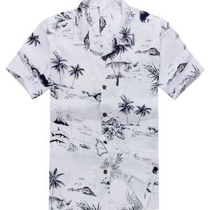 Palmwave Navy White Hawaiian Shirt Men’s Large Island Print Vacationcore Aloha